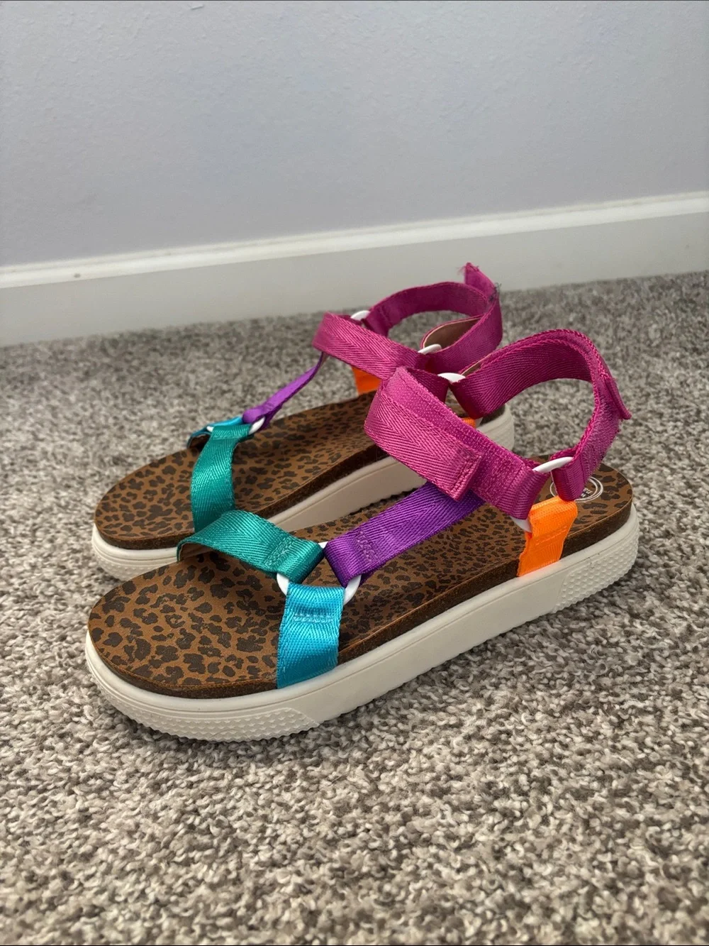 wonder nation Teal, Purple & Pink Kids Sandals with Leopard Footbed
